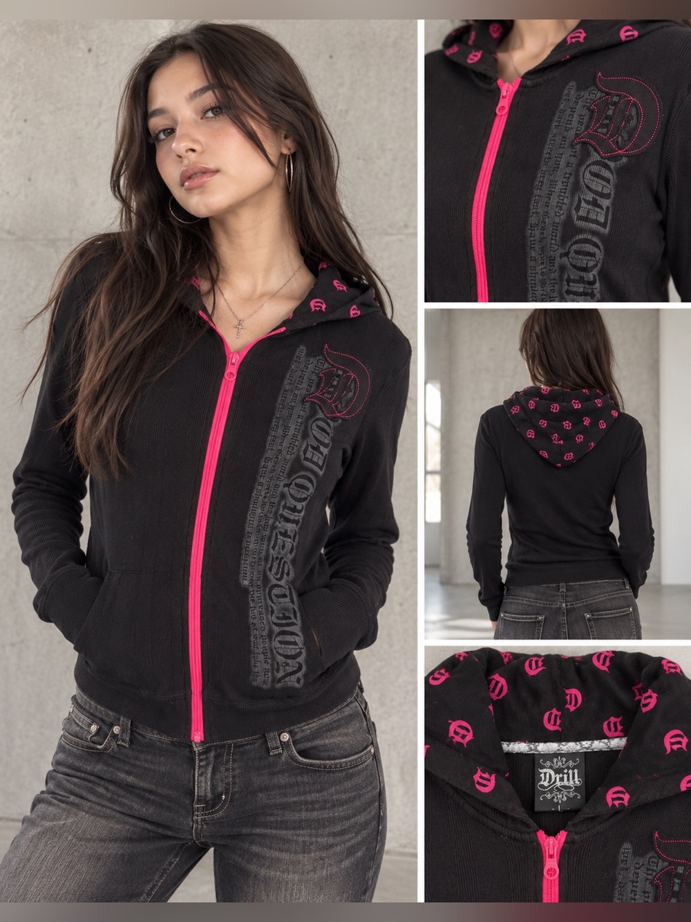 Drill Black & Hot Pink Gothic Zip Up Hoodie Y2K Gyaru Style Size L